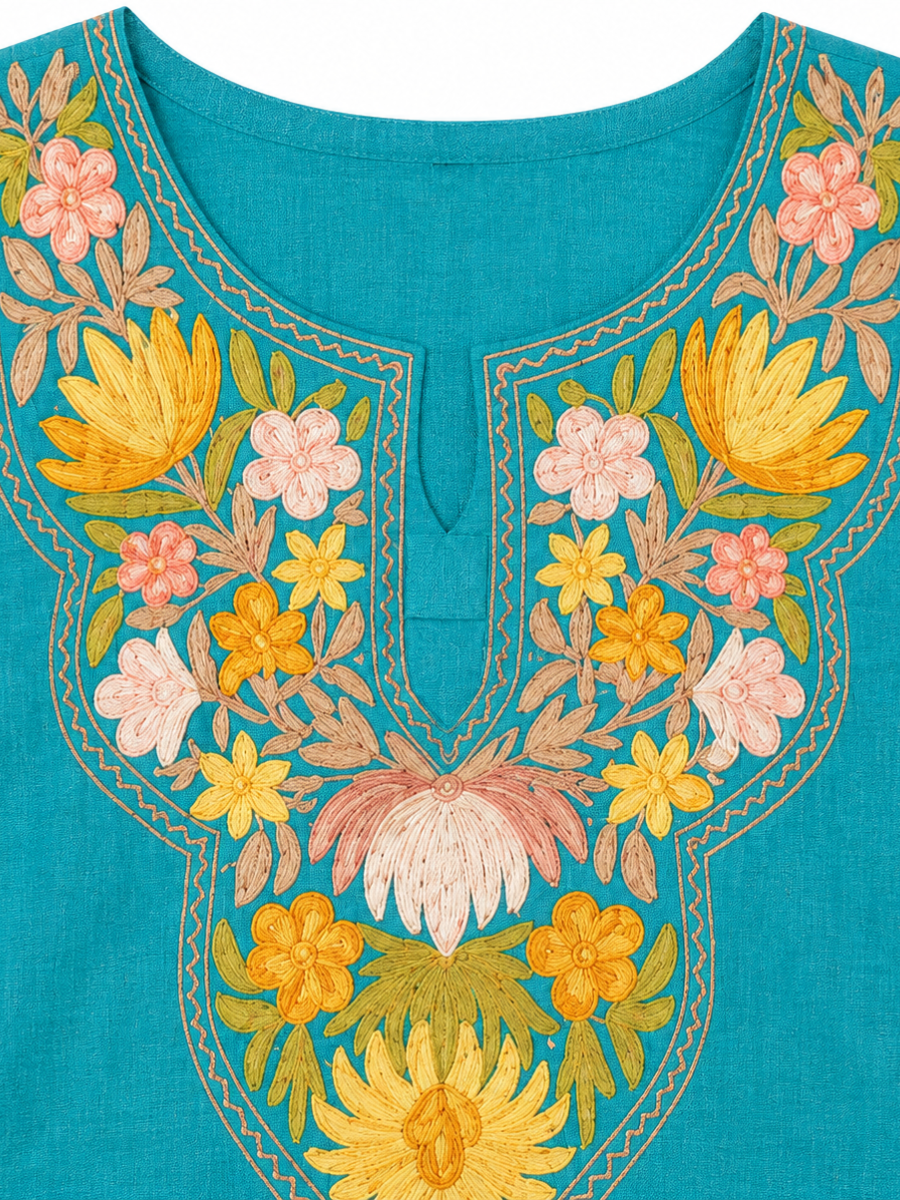 Kashmiri Manual Aari worked cotton Co-Ord Set | Ocean Breeze